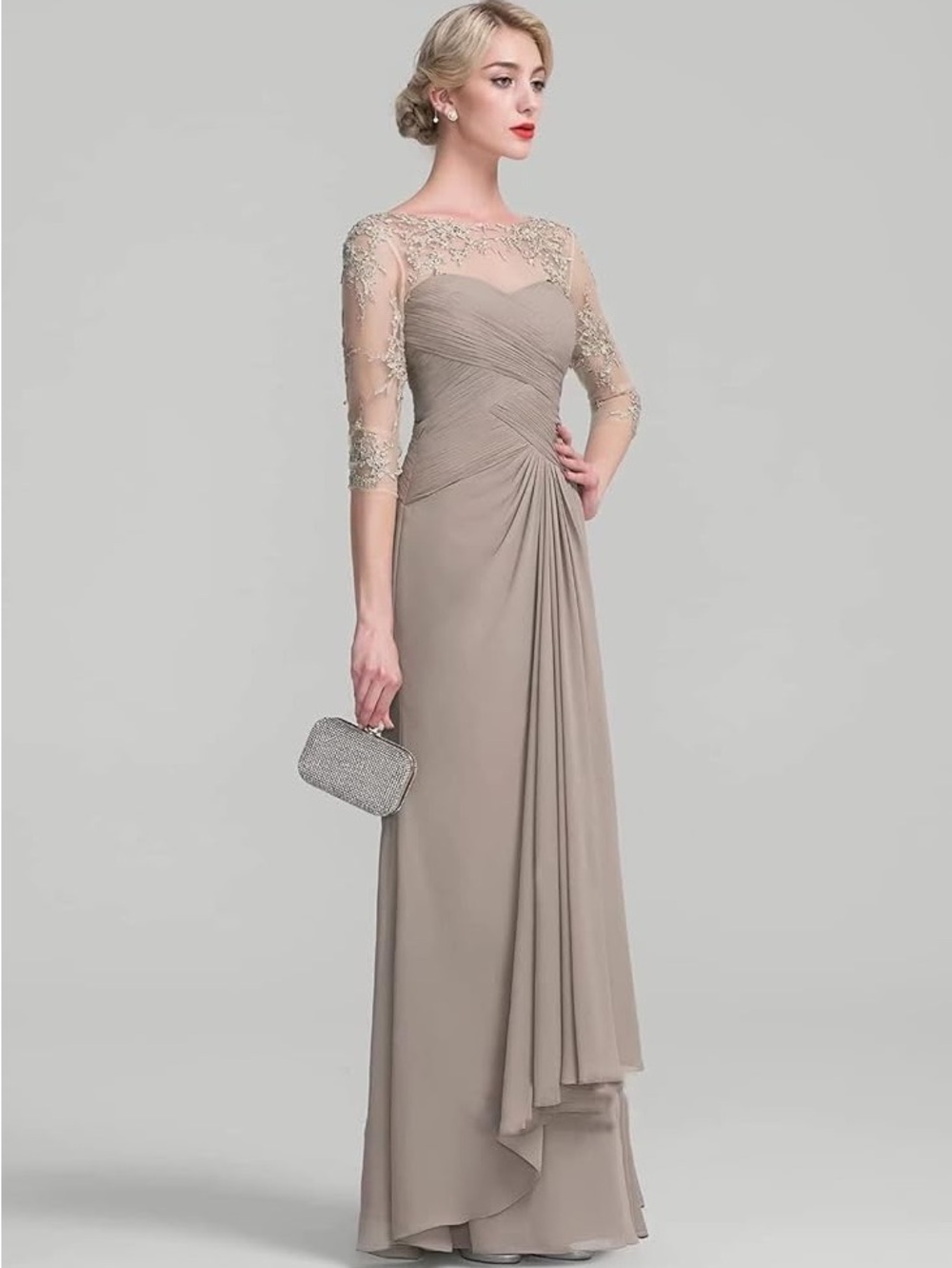 🍒🍒 JJ’s House Taupe Chiffon and Lace Gown